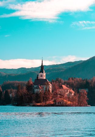 Landscape with Lake Bleds church on a sunny day of December