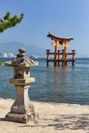 Shoreline near Itsukushima floating Torii gate in Japan