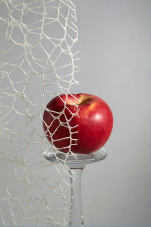 Red apple balancing on glass behind lace
