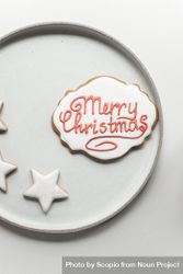 Merry Christmas written on gingerbread cookie on plate 0P2V74