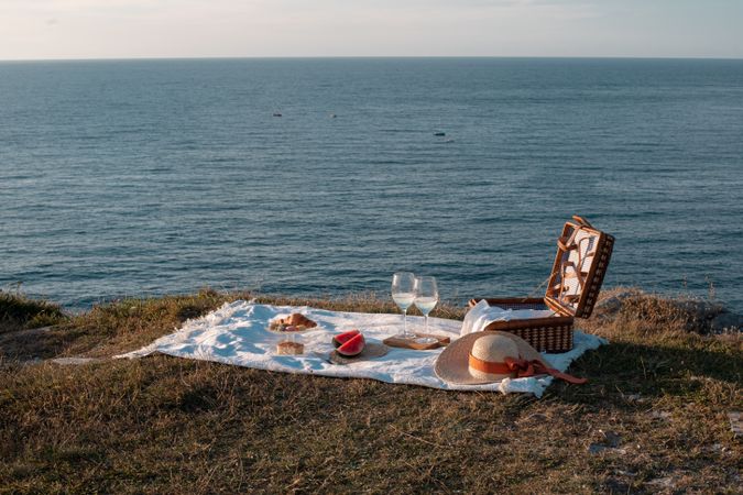 Picnic mat with romantically set near sea and mountains