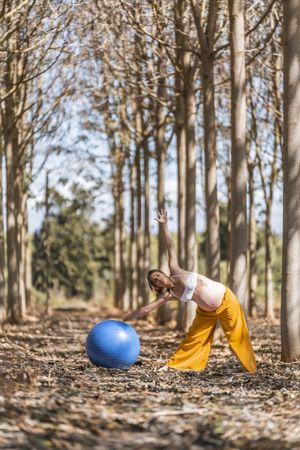 Adult pregnant woman training with pilates ball in park during sunny day