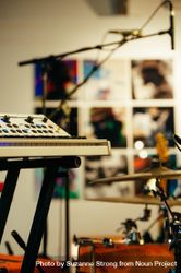 Los Angeles, CA, USA - September 15th, 2014: Close up of synth keyboard and drums 5a9685