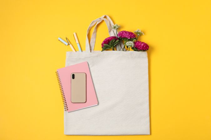 Eco bag, phone, stationery, allium and chrysanthemum on color background, space for text