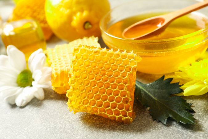 Honeycombs, lemon and flowers on grey background, close up