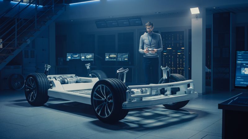 Automobile Engineer Working on Electric Car Platform Chassis Prototype, Using Tablet Computer with 3D CAD Software Modelling.