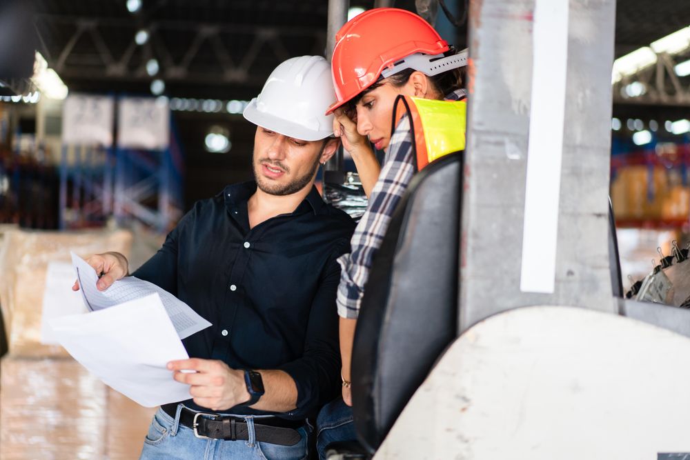 Two colleagues reading inventory list in distribution center
