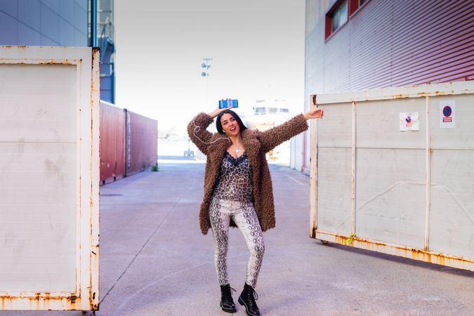 Excited female on city street