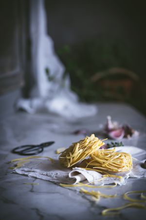 From above dry pasta on table