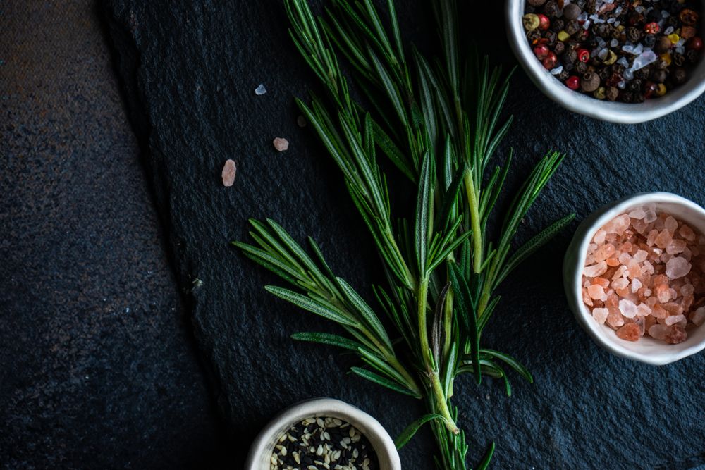 Top view of rosemary sprig with seasoning