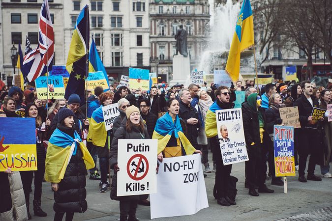 London, England, United Kingdom - March 5 2022: Large group of people protesting the war in Ukraine