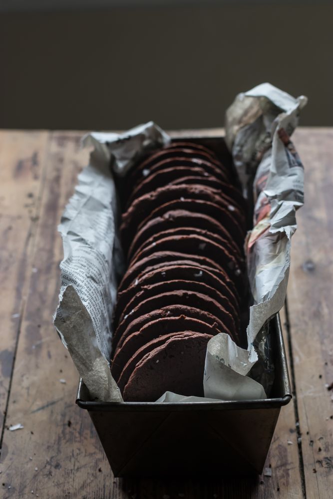 Dry olive twig near chocolate cookies and towel