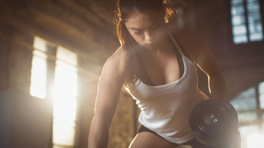Strong Athletic Woman Does Dumbbell Bench Press Exercise as Part of Her Cross Fitness Bodybuilding Gym Exercise.