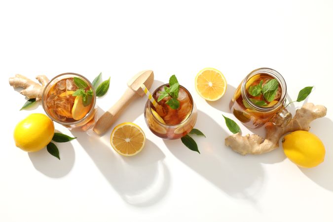 Cold tea with fresh oranges and mint leaves