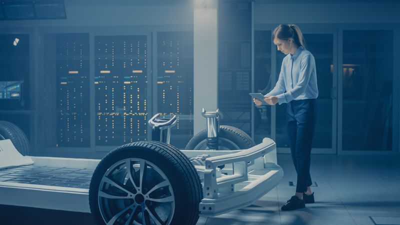 Automobile Engineer Working on Electric Car Chassis Platform, Using Tablet Computer Augmented Reality with 3D CAD Software Modelling.