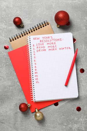 Concept of New Year Resolutions list, new year goals, top view