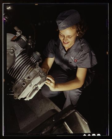 Corpus Christi, TX, USA - 1942: Female mechanic on a naval air base