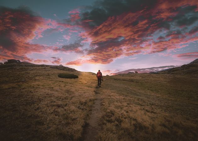 Person with backpack walking in yellow grass field during sunset