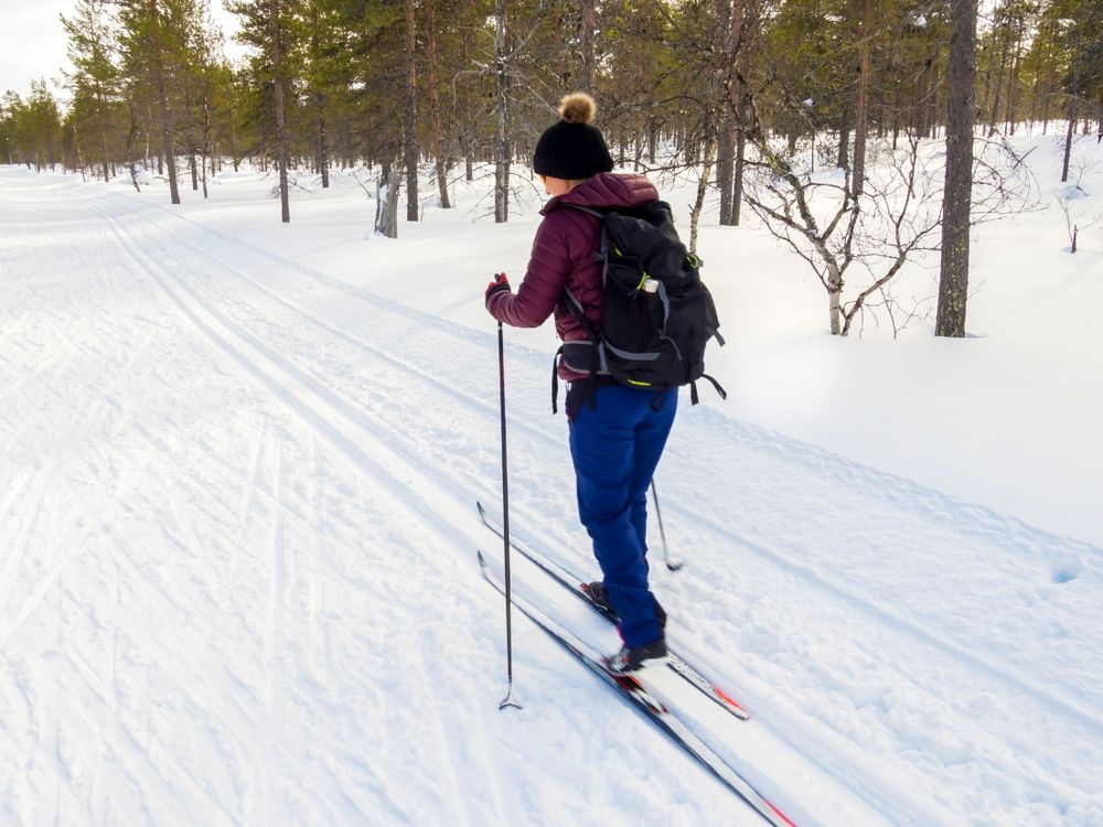Woman cross country skiing in forest