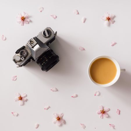 Vintage camera on light background with pink flowers and cup of coffee or tea