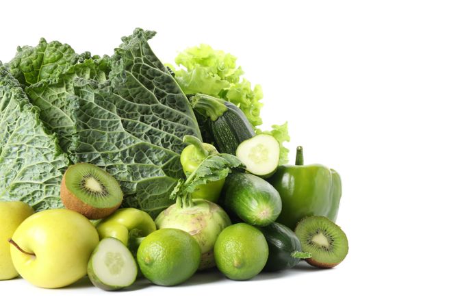 Fresh vegetables and fruits isolated on blank background