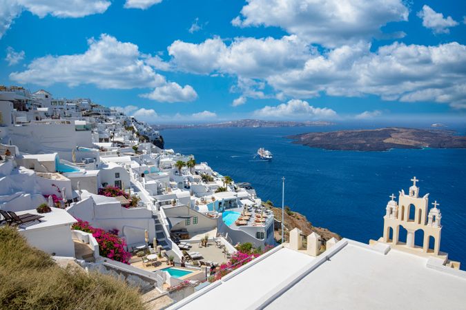 View of Aegean Sea with cruise ship coming into Santorini