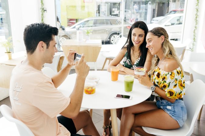 Man taking picture of friends in cafe