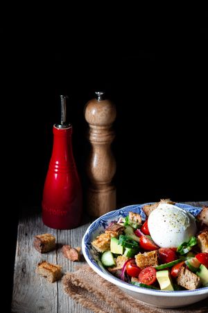 Bowl with fresh panzanella salad