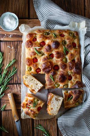 Potato focaccia near salt and rosemary