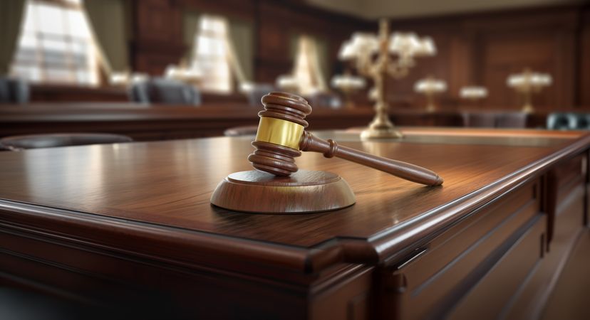 Gavel Resting on a Table Inside an Empty Courthouse.