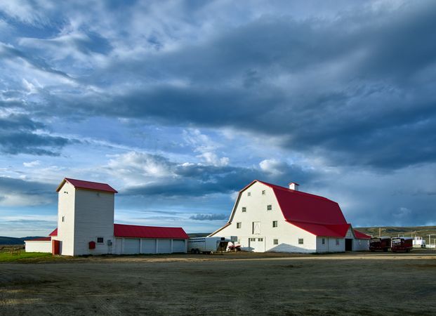 Red roofed ranch buildings at Big Creek, Carbon County, Wyoming