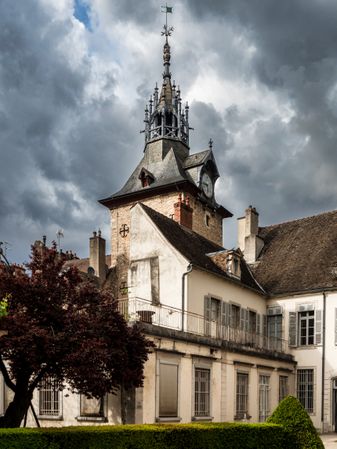 Empty streets of the medieval city of Beaune in Burgundy. The stormy sky