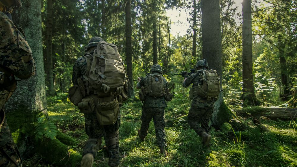 Squad of Five Fully Equipped Soldiers in Camouflage on a Reconnaissance Military Mission, Rifles Ready.