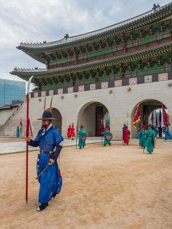 Busan, South Korea - August, 05 2017: Korean warrior near archway