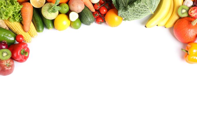 Composition with ripe vegetables and fruits isolated. Top view