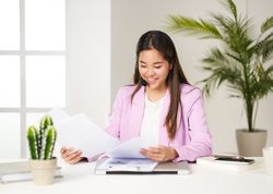 portrait of asian business woman in pink jacket checking invoices at coworking