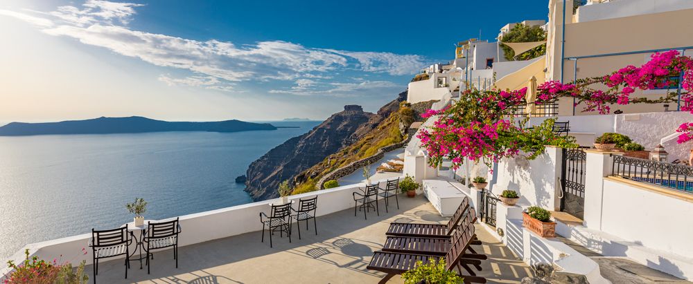 Beautiful wide shot of patio in Santorini