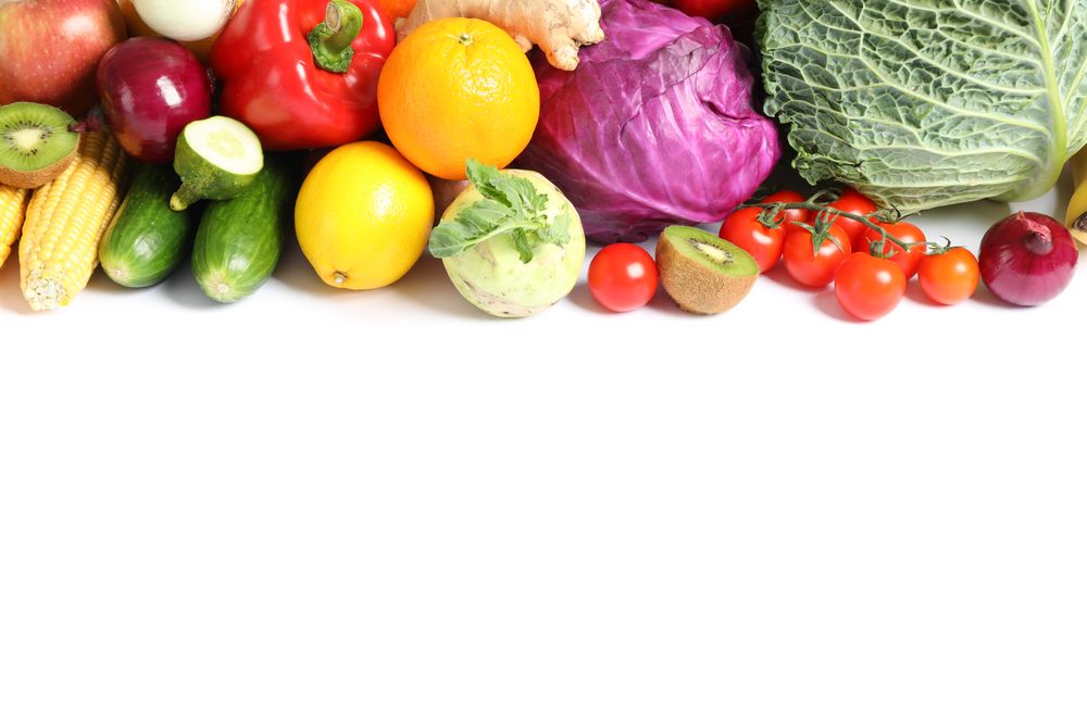 Composition with ripe vegetables and fruits isolated. Healthy food