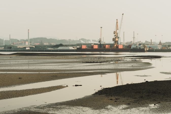 Industrial landscape with sea bay and port cranes