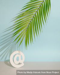 Internet “at” symbol under palm leaf in blue room, vertical 4ddgE4
