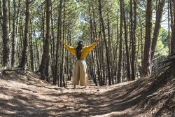 Woman on her back with open arms enjoying nature. Freedom concept.