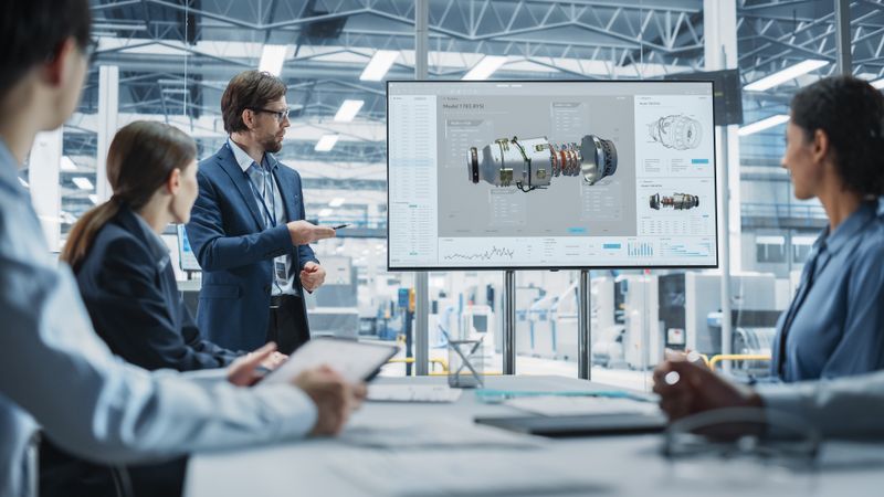 Electronics Factory Office Meeting: Male Project Manager Presenting Innovative Engine On TV.