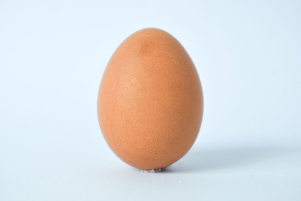 Whole speckled brown egg on table
