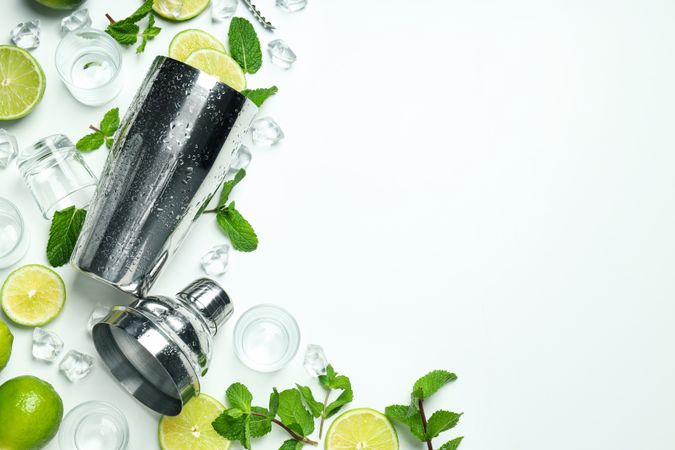 Concept of preparing cocktail, shaker, space for text