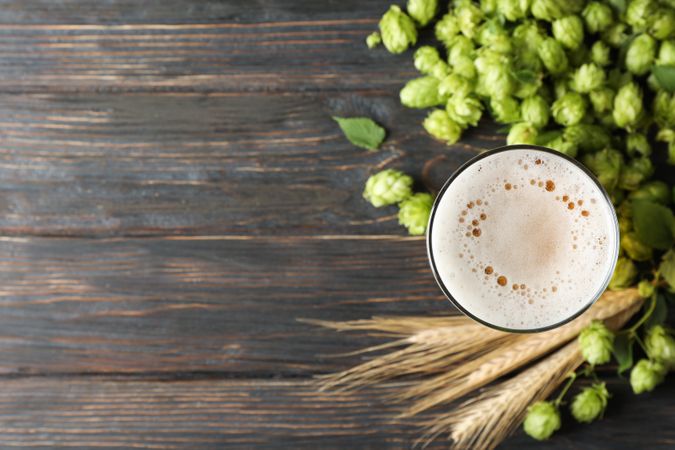 Mug with beer, spikelets and hop on wooden table, top view