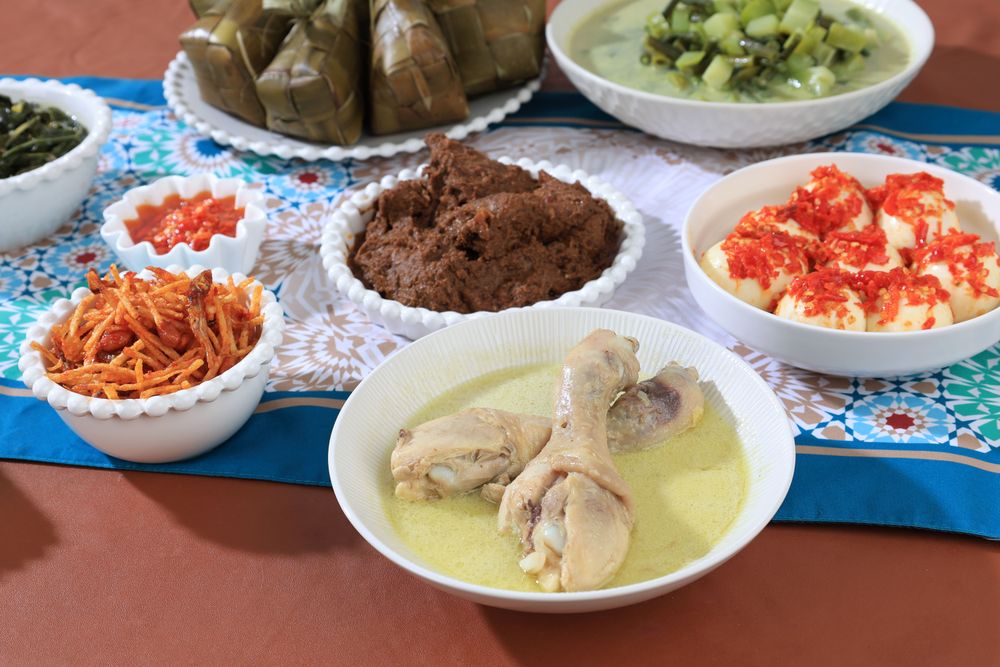 Opor Ayam, Ketupat, Kentang Mustofa, and Sambal Goreng  Indonesian Traditional Food Served to Celebrate Eid al-Fitr