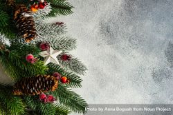 Christmas branch, pine cones, ornaments and holly on grey background 4MZ7qb