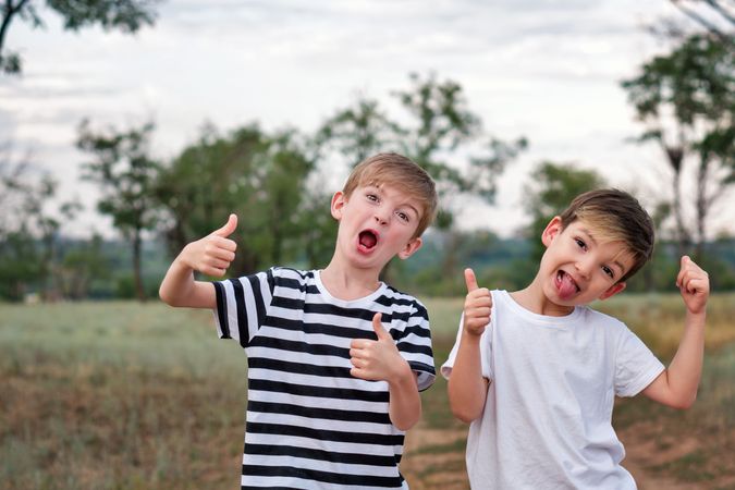 Two little brothers walking in countryside