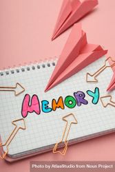 Vertical composition of notepad with “memory” written in colorful markers with paper planes, closeup bY9Wdb