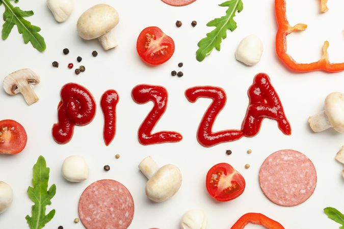 Inscription Pizza and ingredients for cooking on blank background